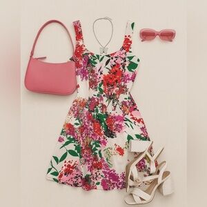 Nine West Floral Fit & Flare Dress White Pink Green Pockets Spring Wedding Guest